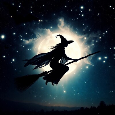 Silhouette Witch Flying on Broomstick