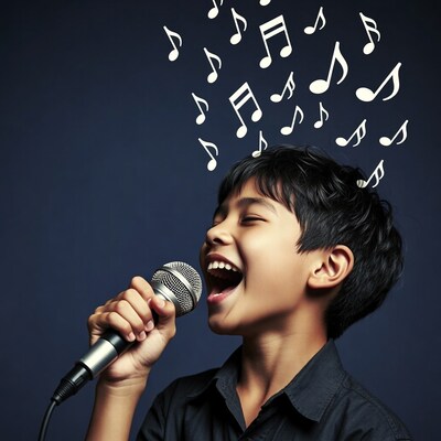 Boy singing into microphone with music notes