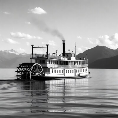 Paddlewheel Steamboat on Lake with Mountains