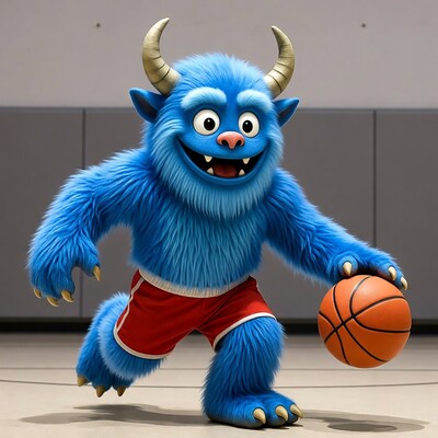 Blue furry monster dribbling basketball