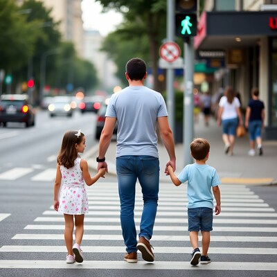 Father walking with children across crosswalk