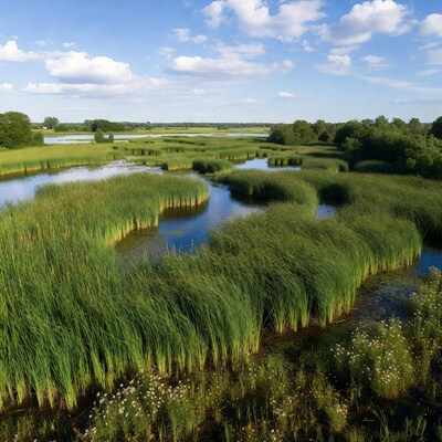 Reed Marshes with Channels and Blue Sky
