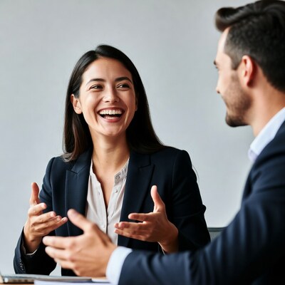 Asian woman laughing with man in office