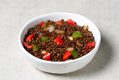 Lentils with Peppers in White Bowl