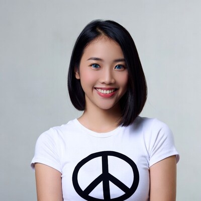 Asian woman smiling in peace sign t-shirt