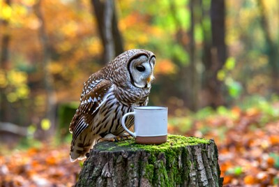 Barred Owl with Mug on Mossy Stump