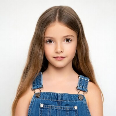 Girl in blue denim overalls