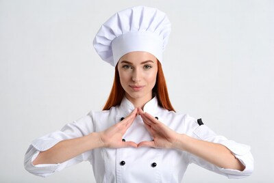 Redhead woman chef making heart shape