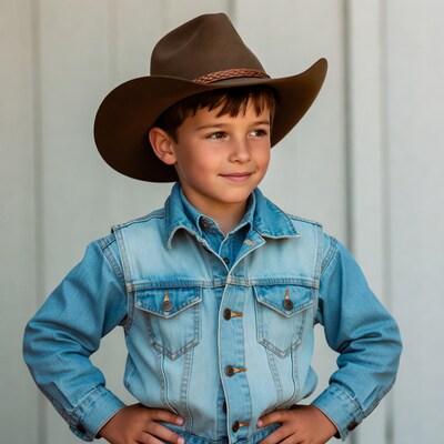 Boy in cowboy hat and denim vest