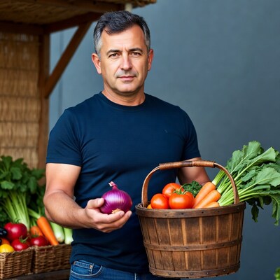 Man holding onion and vegetable basket