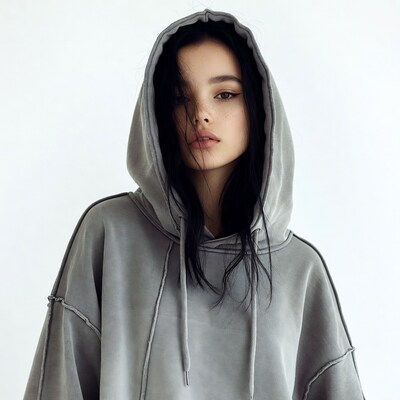 Asian woman in gray hoodie