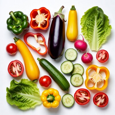 Fresh vegetables arranged on white background