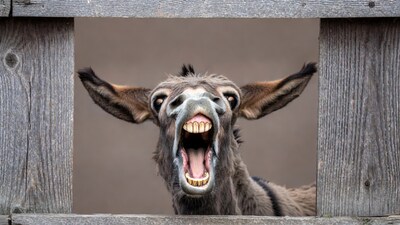 Donkey yelling through wooden fence