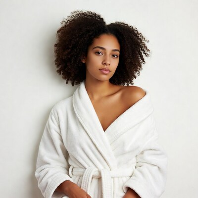 African-American woman in white bathrobe