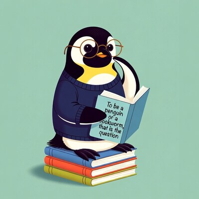 Penguin reading book on stack