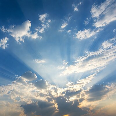 Sun rays through blue cloudy sky