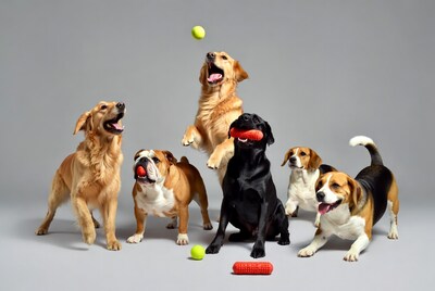 Dogs playing with tennis balls toys