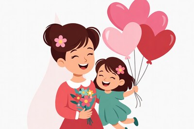 Mother and daughter with balloons flowers