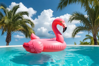 Pink flamingo float in pool