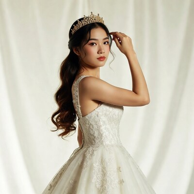 Asian bride in lace gown with tiara