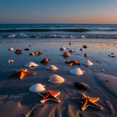 Seashells and starfish on beach at sunset