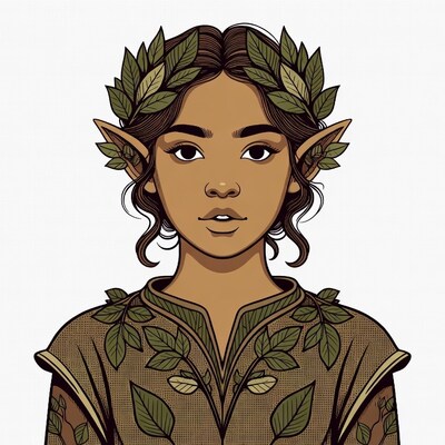 Brown-skinned elf girl with laurel wreath