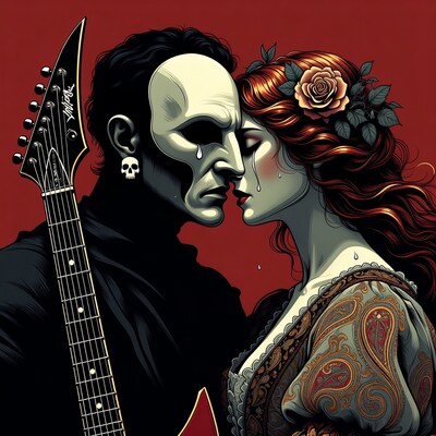 Masked man kissing redhead woman with guitar