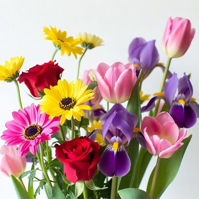 Colorful bouquet of roses tulips daisies irises