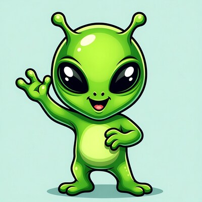 Cartoon green alien waving happily