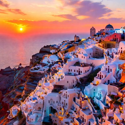 Oia Sunset over White Buildings