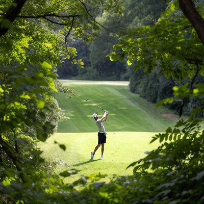 Man swinging golf club on green