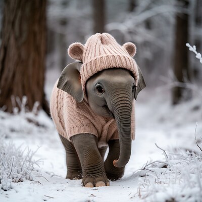 Baby elephant in pink sweater and hat in snow