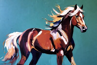 Palomino Horse Painting on Teal Background