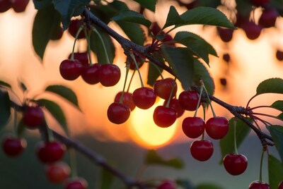Ripe Cherries on Branch at Sunset