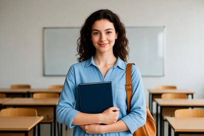 Smiling woman holding book in classroom