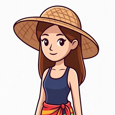 Cartoon woman in straw hat and swimsuit