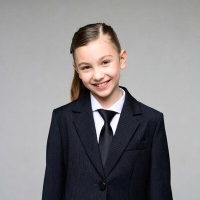 Girl smiling in black suit and tie