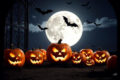 Jack-o'-lanterns with bats and full moon