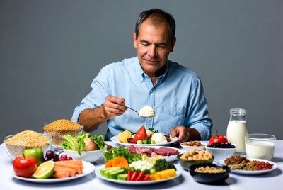 Man eating yogurt at healthy food table