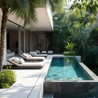 Infinity Pool with Loungers in Tropical Modern House