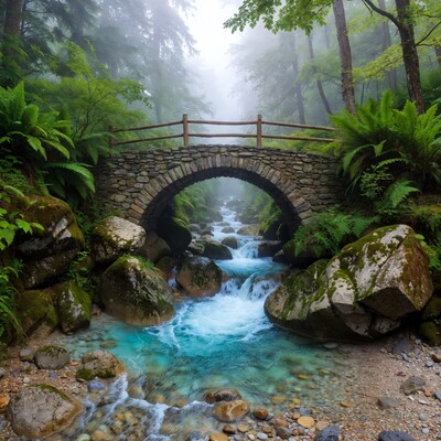 Stone Arch Bridge over Misty Forest Stream