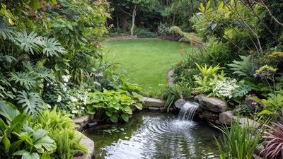 Garden pond with waterfall and lush greenery