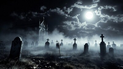 Moonlit foggy graveyard with tombstones