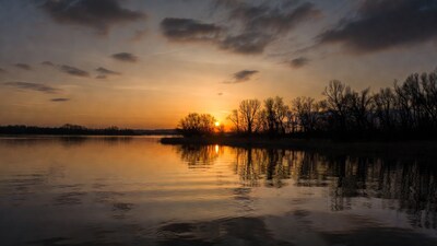 Sunset over lake with trees