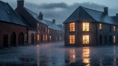 Rainy village street with lit windows