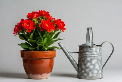 Red Flowers in Terracotta Pot with Watering Can