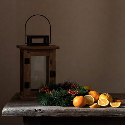 Wooden Lantern with Oranges and Christmas Wreath