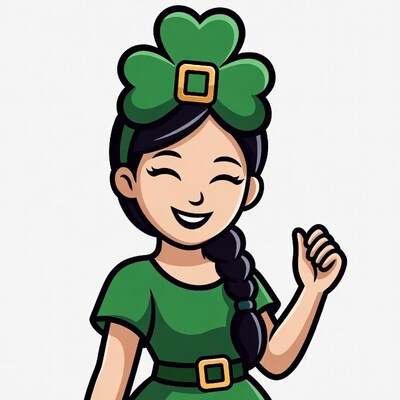 Asian girl in green shamrock outfit thumbs up