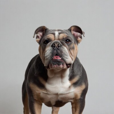 Blue Brindle Bulldog on Gray Background
