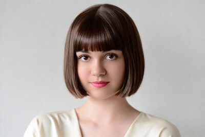 Young woman with bangs smiling